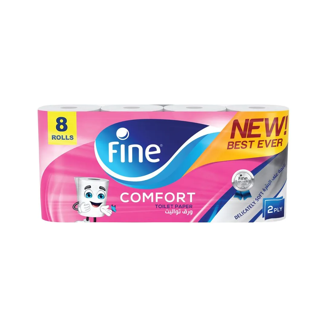Fine Comfort Toilet Paper Tissue Roll, Sterilized Tissues for Germ Protection, 180 Sheets X 2 Ply, 8 Rolls