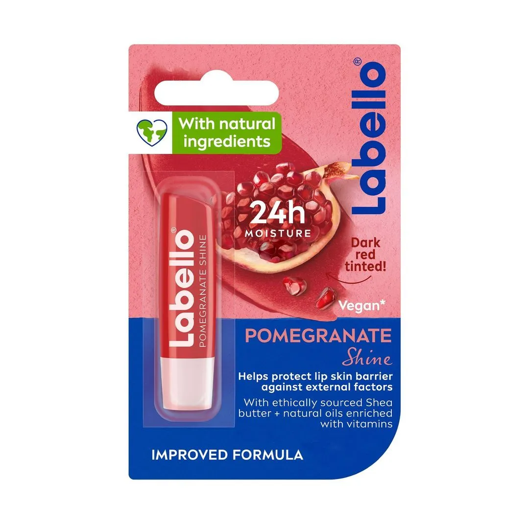 Labello 24H Moisturizing Pomegranate Shine Dark Red Tinted Lip Balm with Shea Butter, Natural Oils & Vitamins, 1 Piece