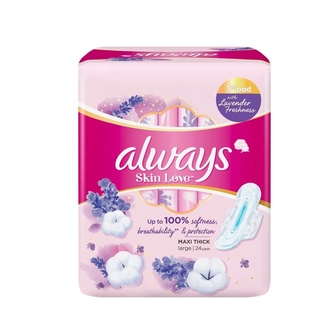 Always Skin Love Large Maxi Thick Pads with Wings Lavender Scent, 24 Pieces