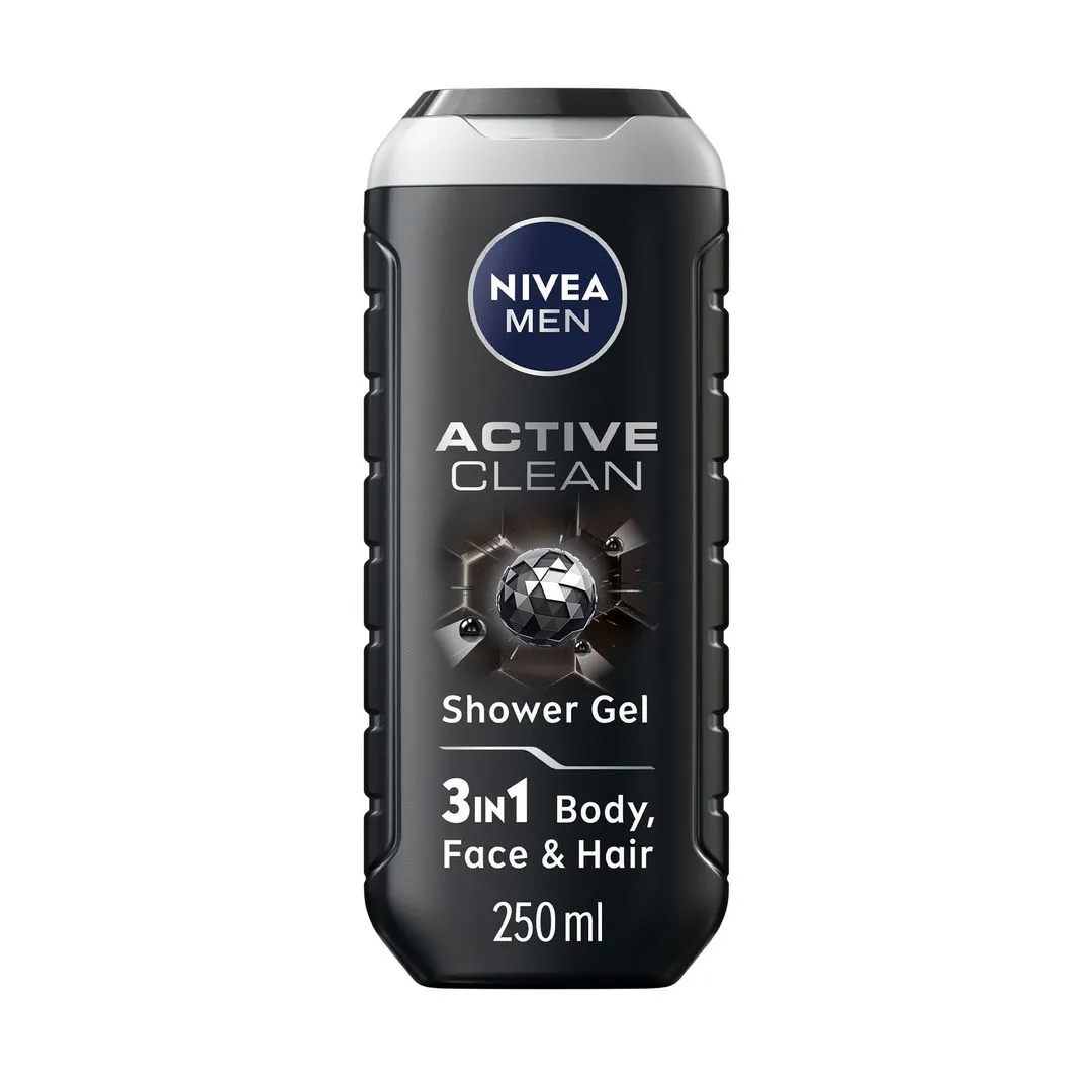NIVEA Men Active Clean Shower Gel with Active Charcoal for Body, Face & Hair, 250ml
