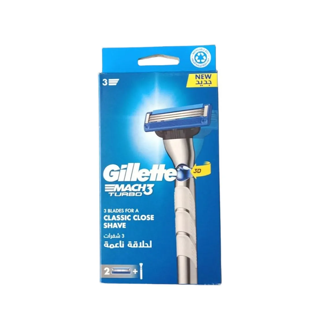 Gillette Mach3 Turbo Men's Refillable Razor Handle + 2 Blade Refills