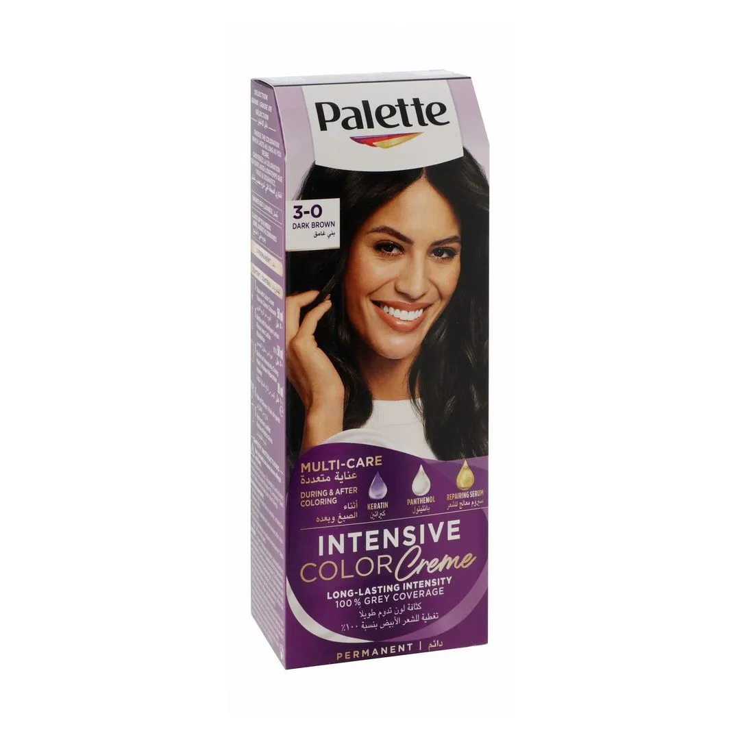 Palette Intensive Permanent Hair Color Cream with Keratin, Panthenol & Repairing Serum Dark Brown 3-0, 1 Pack