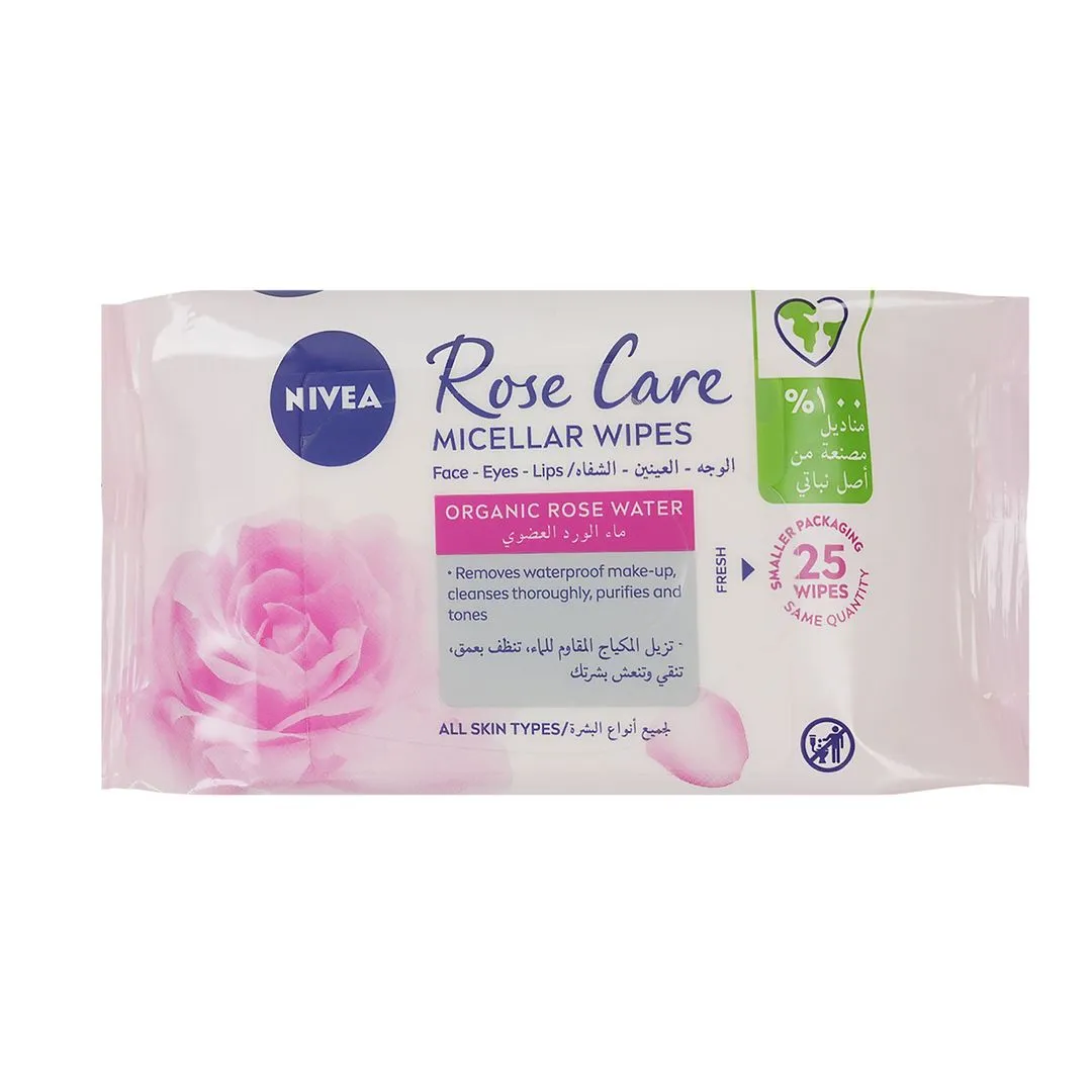 NIVEA Biodegradable Micellar Wipes with Organic Rose Water for All Skin Types, 25 wipes