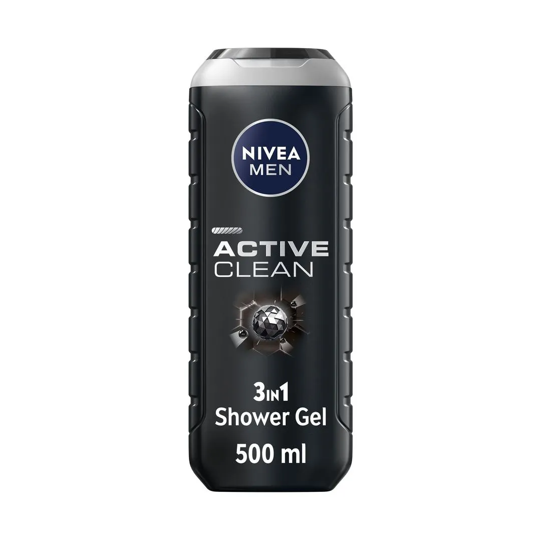 Nivea Men 3 in 1 Active Clean Charcoal Woody Scent Shower Gel, 500ml