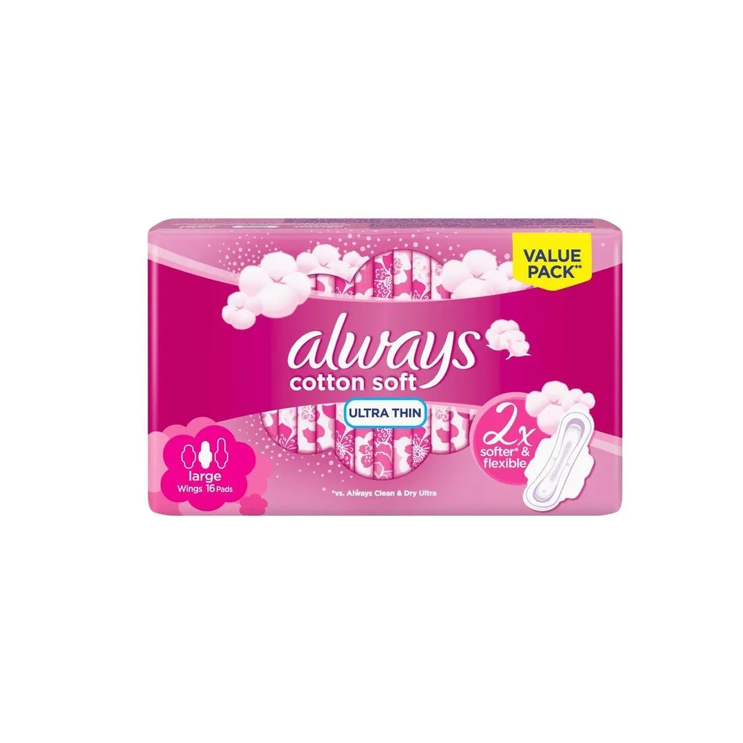 Always Ultra Thin Cottony Soft Sanitary Pads Large With Wings, 16  Pads