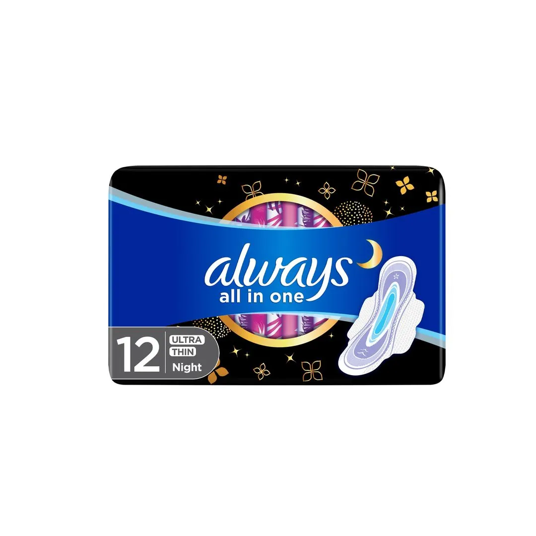 Always Ultra Thin All In One Night XL Sanitary Pads with Wings, 12 Pads
