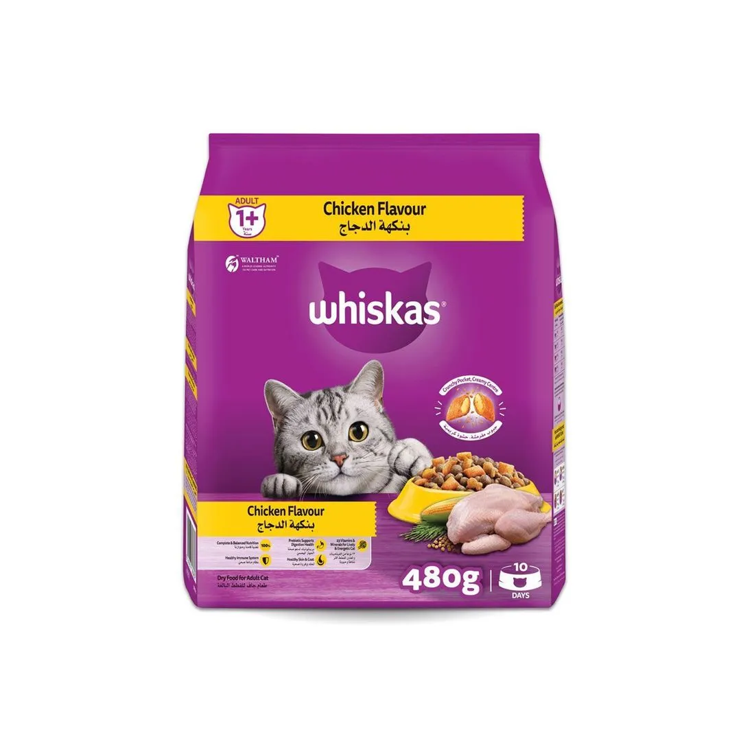 Whiskas Chicken Flavor Dry Cat Food Bag, Adult 1+ Years, 480g