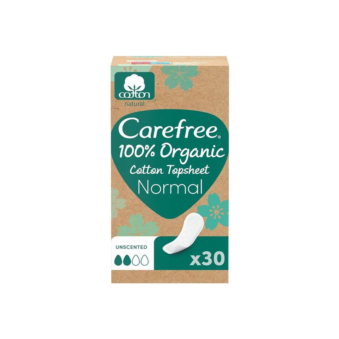 Carefree 100% Organic Cotton Liners Normal Size, 30 Pieces