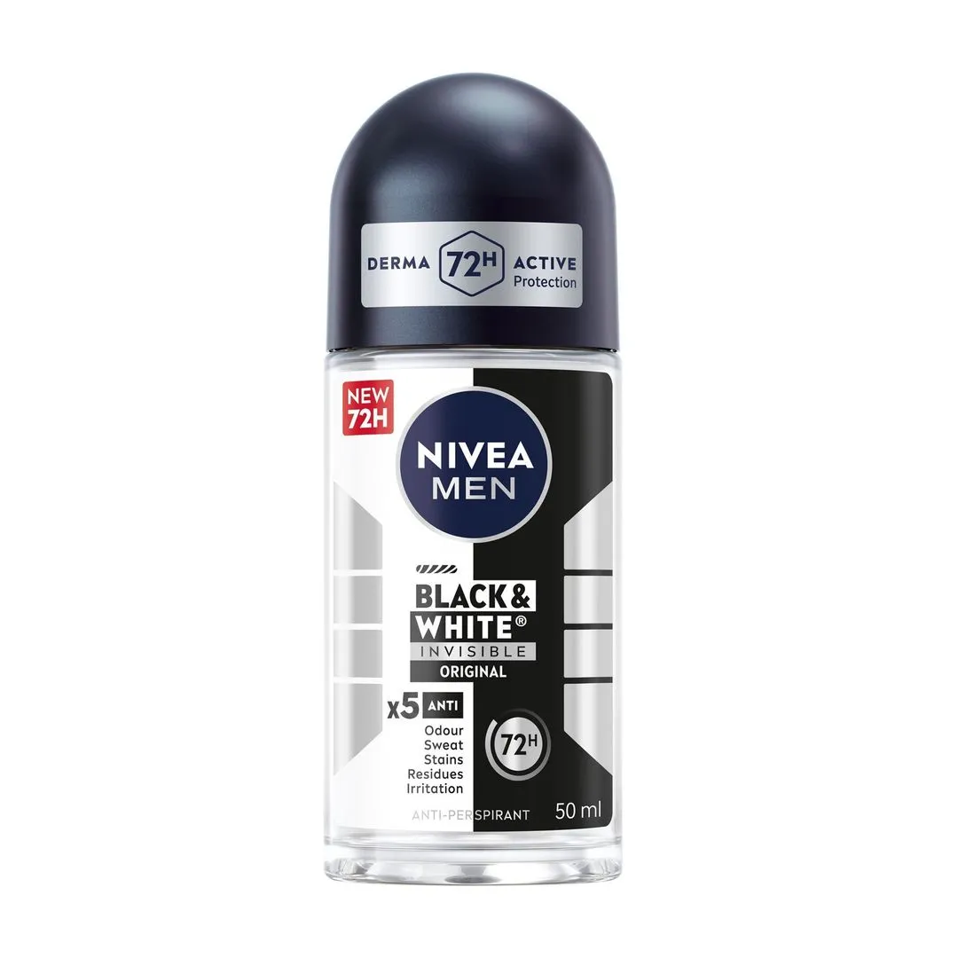 NIVEA Men Black & White Invisible 5in1 Original 48H Antiperspirant Roll-On Deodorant, 50ml