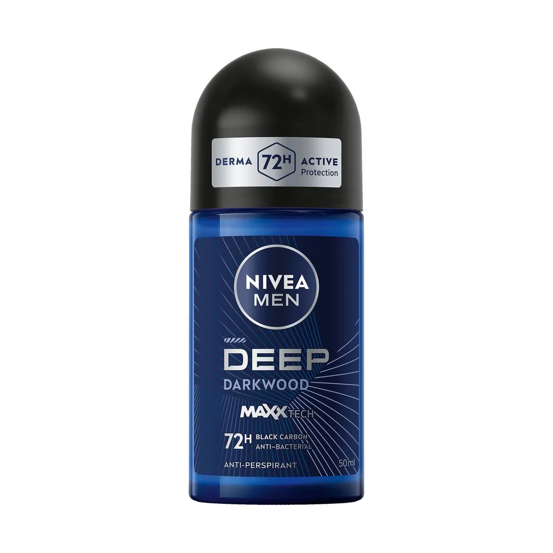 Nivea Deep Black Carbon Antibacterial Dark Wood Scent Antiperspirant Deodorant Roll-On for Men, 50ml