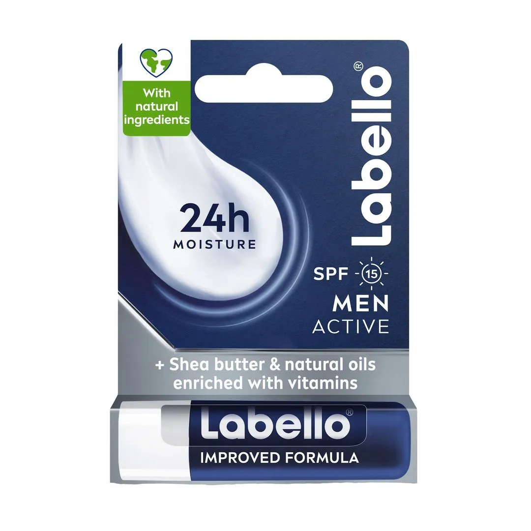Labello 24H Moisturizing Men Active Lip Balm with Shea Butter, Natural Oils & Vitamins SPF15, 1 Piece