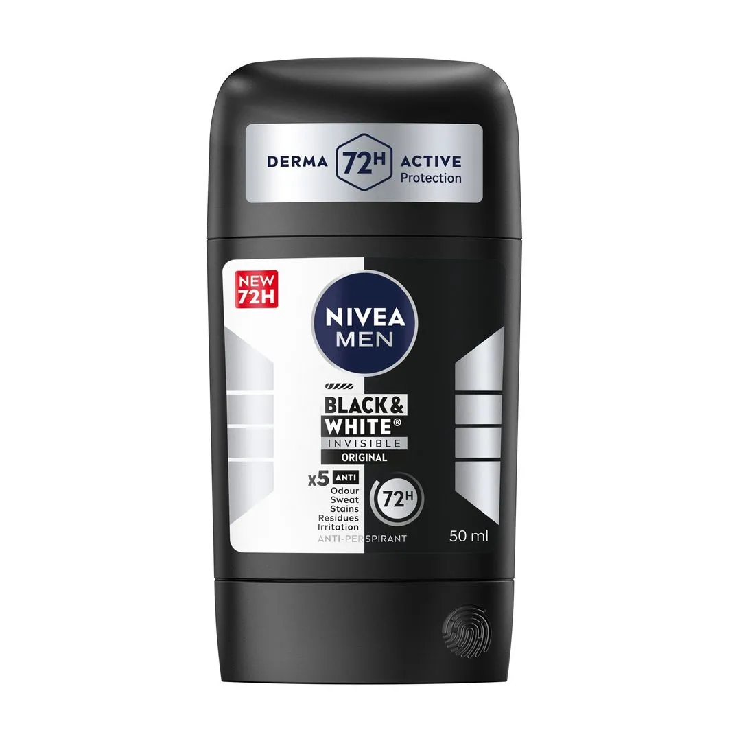 NIVEA Men Black & White Invisible 3in1 Original 48H Antiperspirant Deodorant Stick, 50ml